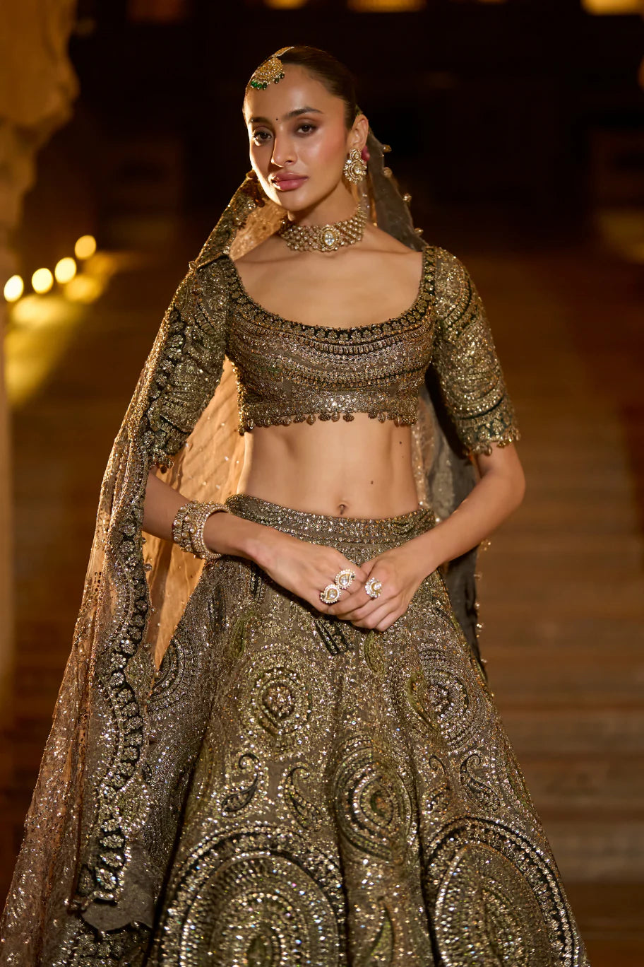 Seema Gujral - Moss Green Applique Lehenga Set