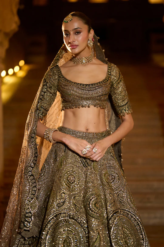 Seema Gujral - Moss Green Applique Lehenga Set