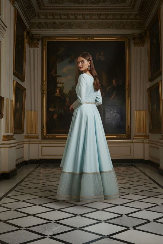 Sky Blue Hand-Embroidered Anarkali Gown