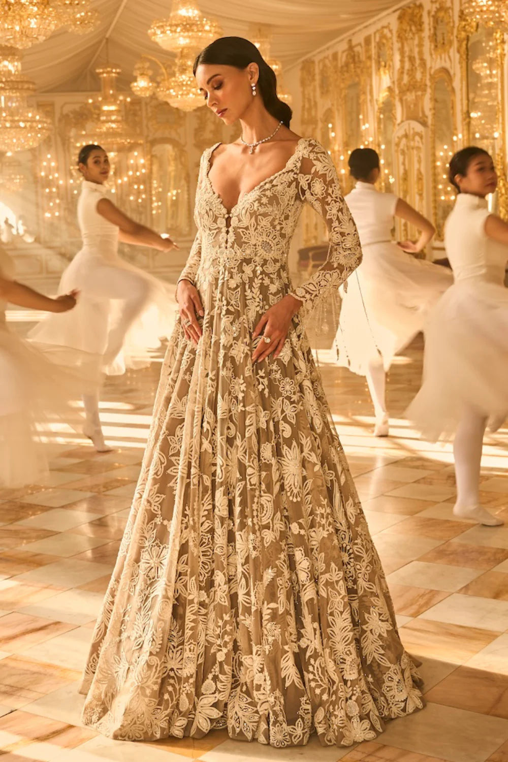 Seema Gujral - Slate Grey Floral Gown