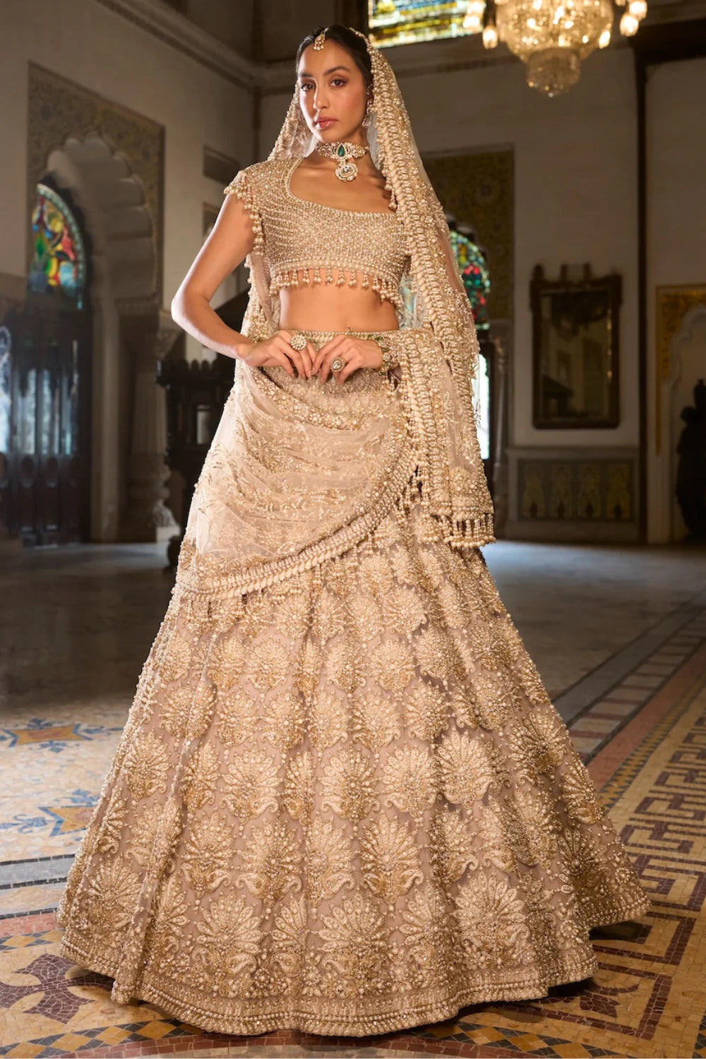 Seema Gujral - Champagne Pearl Lehenga Set