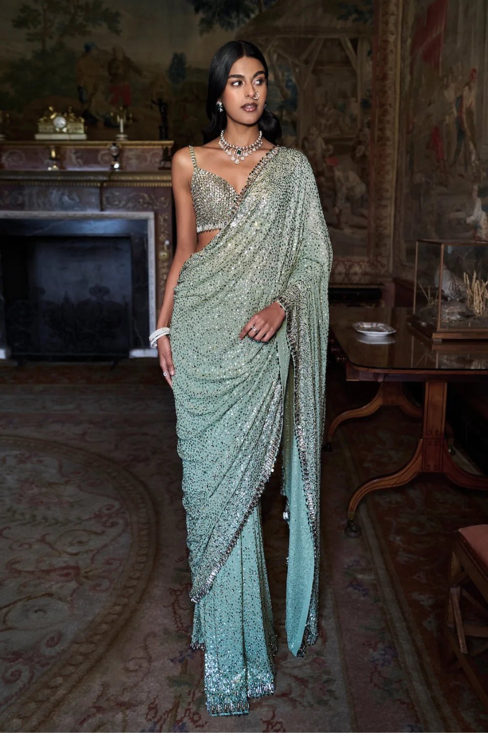 Seema Gujral - Moss Green Sequin Saree