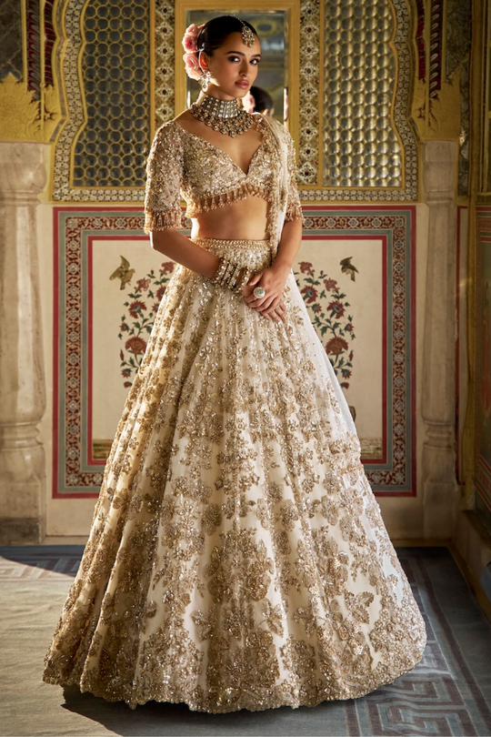 Seema Gujral - Ivory Gold Floral Lehenga Set