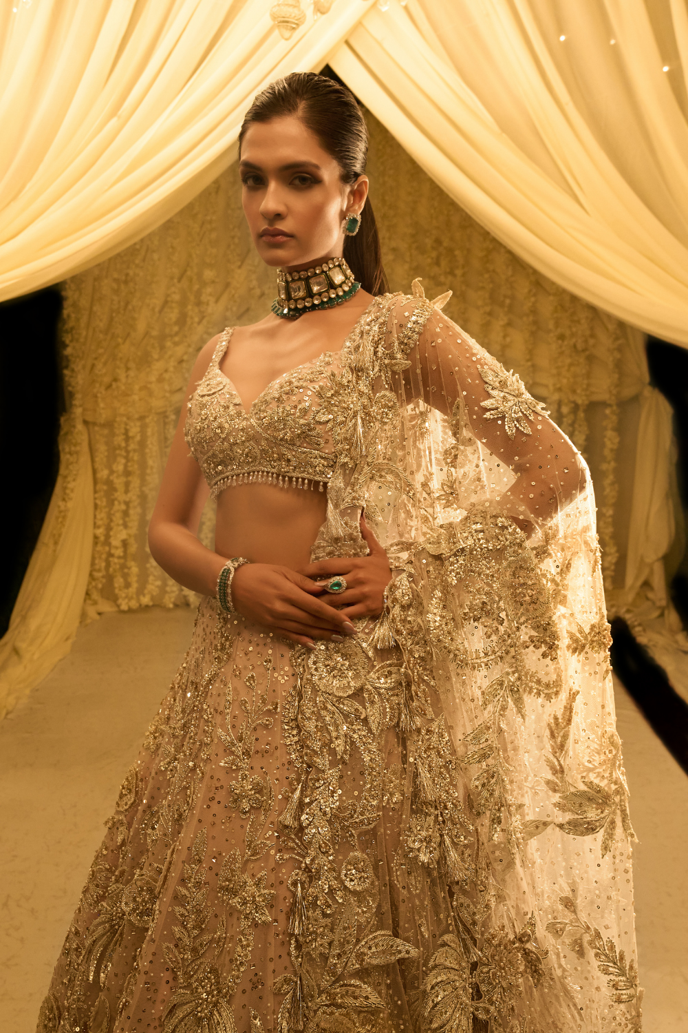 Seema Gujral - Nude Floral Lehenga Set