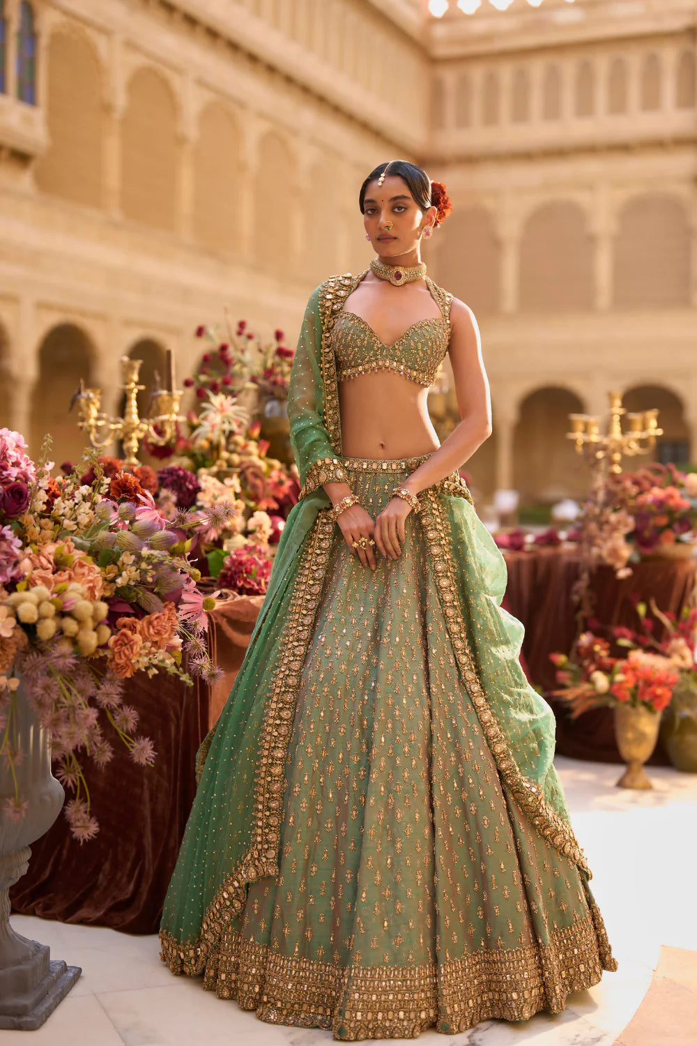 Seema Gujral - Green Gold Zardosi Lehenga Set