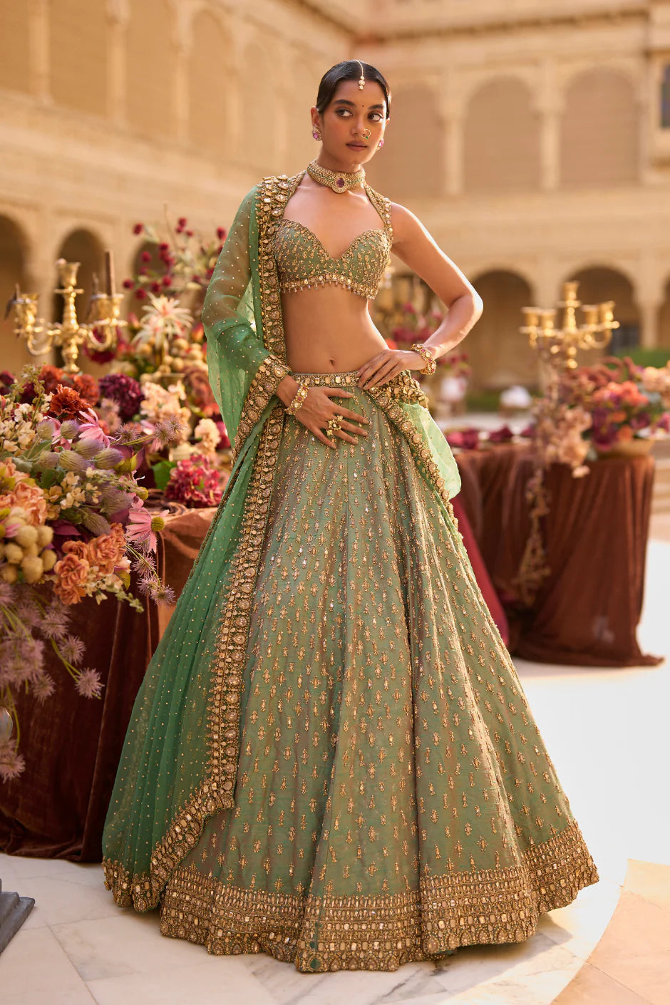 Seema Gujral - Green Gold Zardosi Lehenga Set