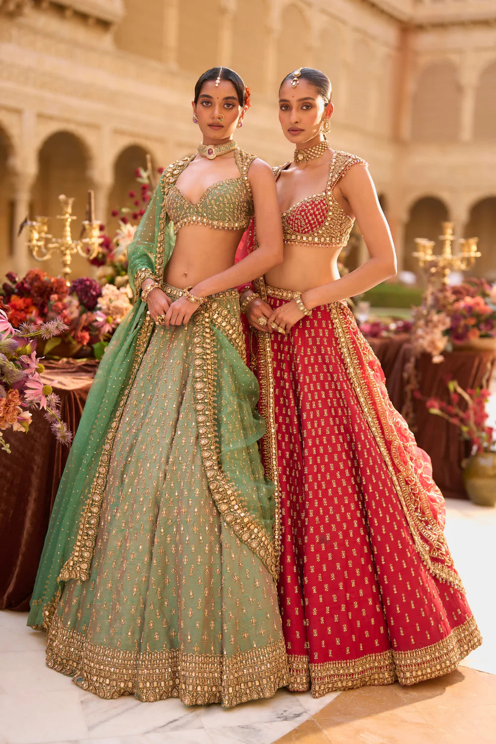 Seema Gujral - Dark Red Gold Zardosi Lehenga Set