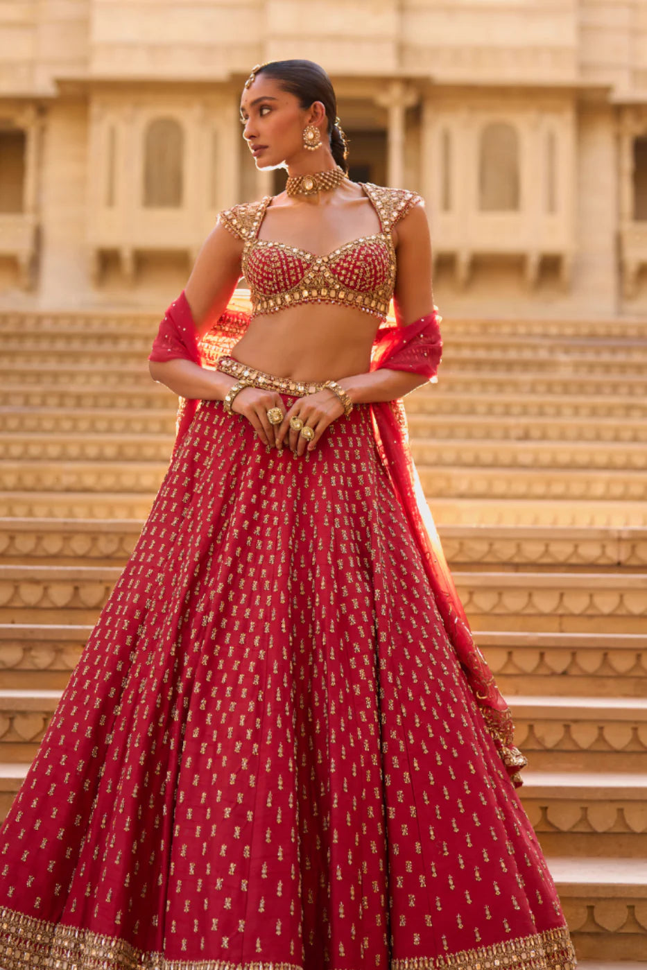 Seema Gujral - Dark Red Gold Zardosi Lehenga Set