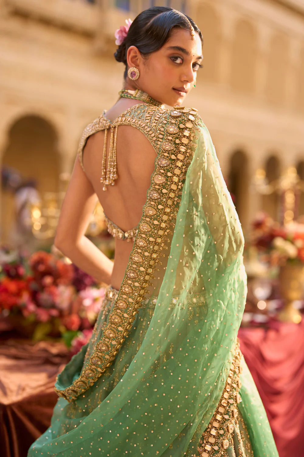 Seema Gujral - Green Gold Zardosi Lehenga Set