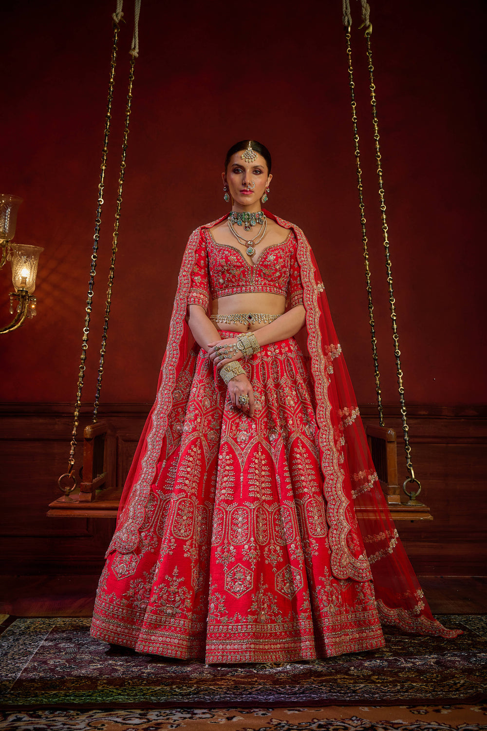 Kalighata - Wave Floral Lehenga – Red