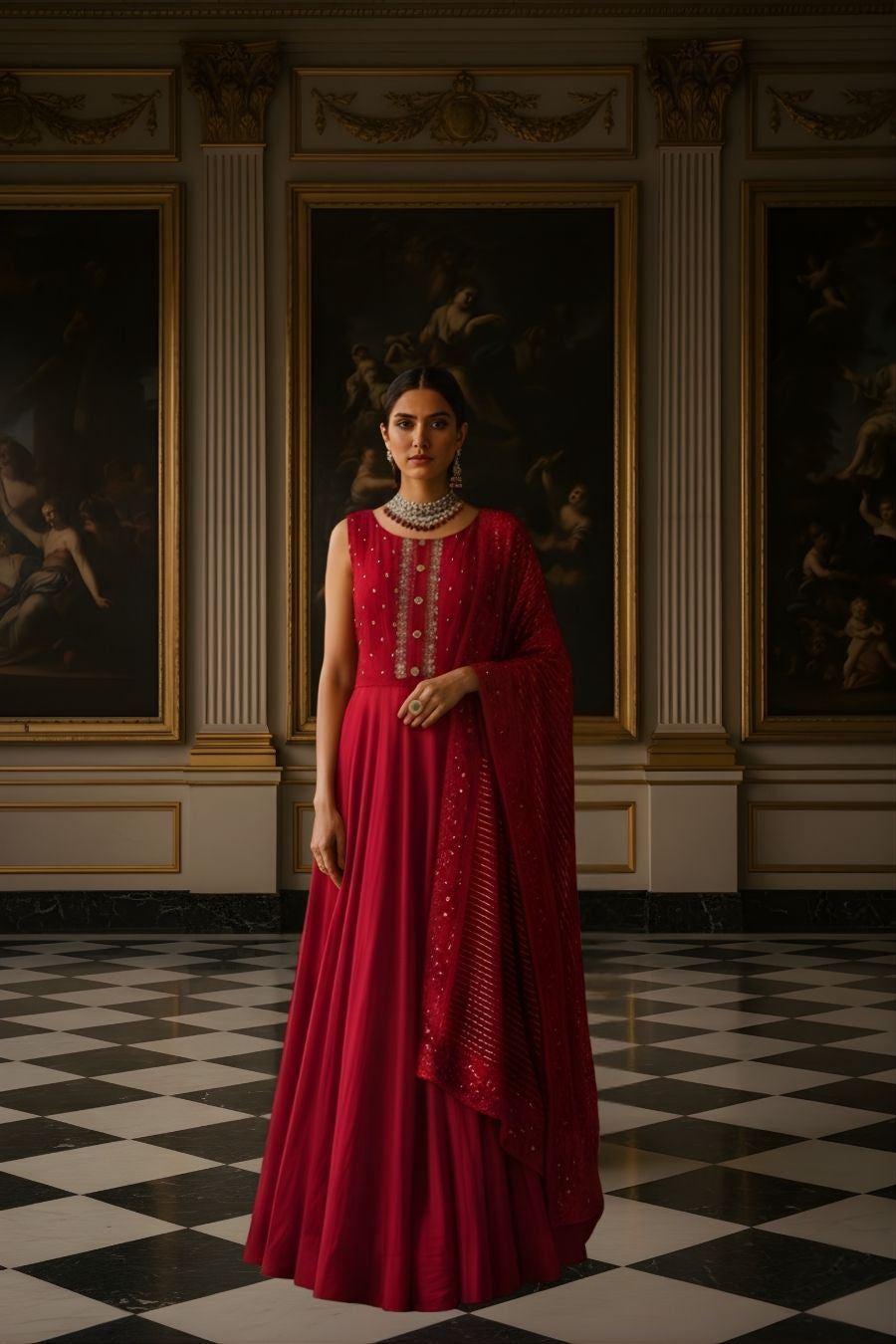 Deep Red Embroidered Anarkali Gown with Sequined Dupatta