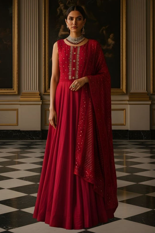 Deep Red Embroidered Anarkali Gown with Sequined Dupatta