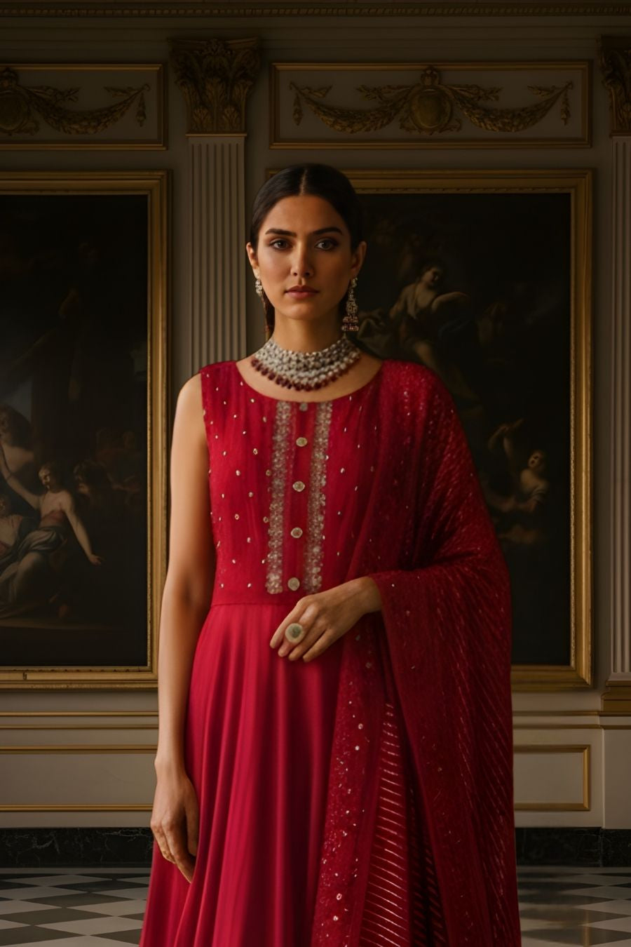 Deep Red Embroidered Anarkali Gown with Sequined Dupatta