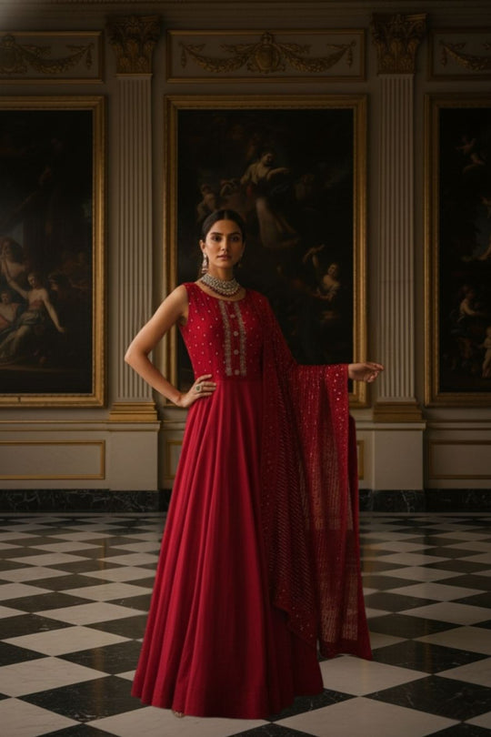 Deep Red Embroidered Anarkali Gown with Sequined Dupatta