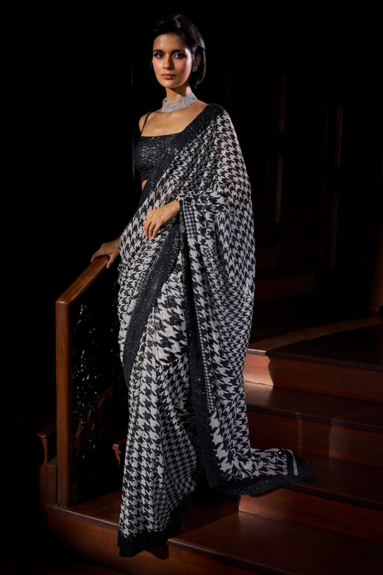 Seema Gujral - Hounds-Tooth Sequin Georgette Saree