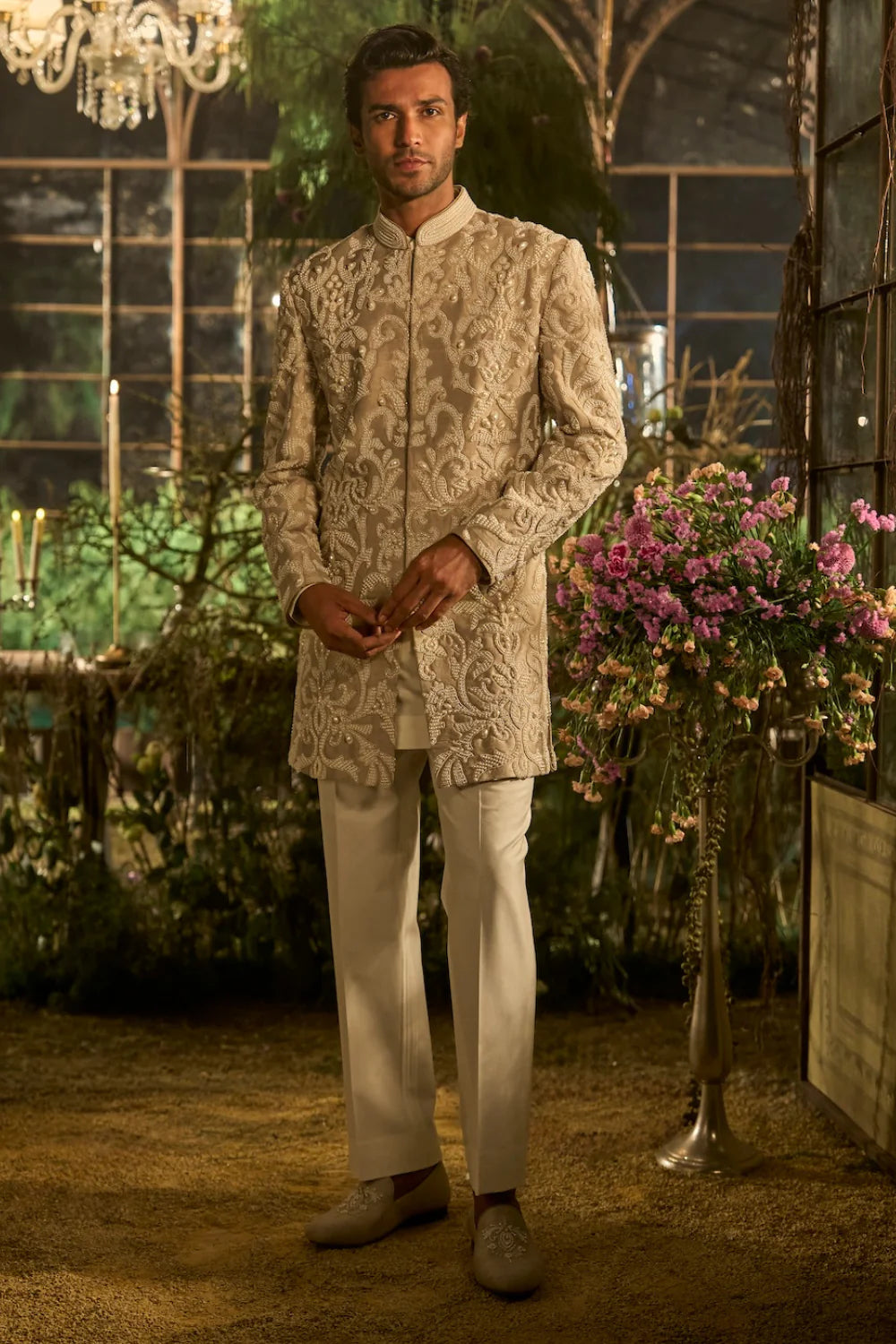 Seema Gujral - Champagne Pearl Sherwani Set