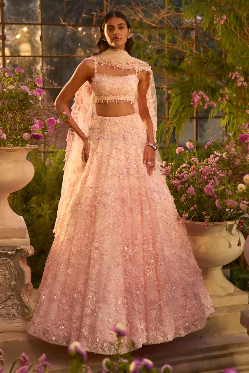 Seema Gujral - Candy Pink Three-Dimensional Lehenga Set