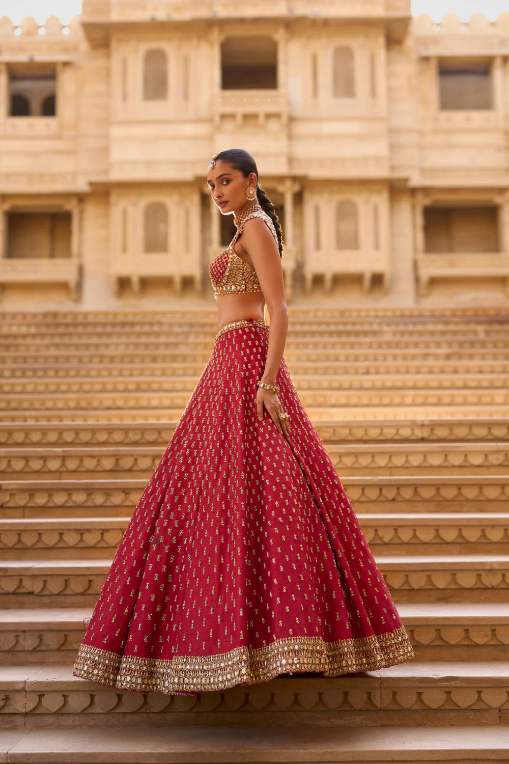Seema Gujral - Dark Red Gold Zardosi Lehenga Set