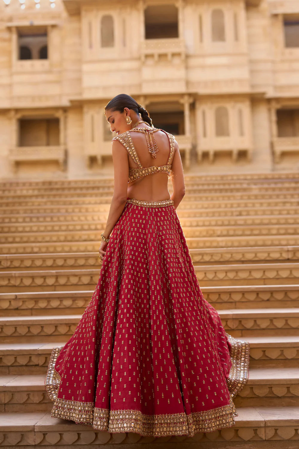 Seema Gujral - Dark Red Gold Zardosi Lehenga Set