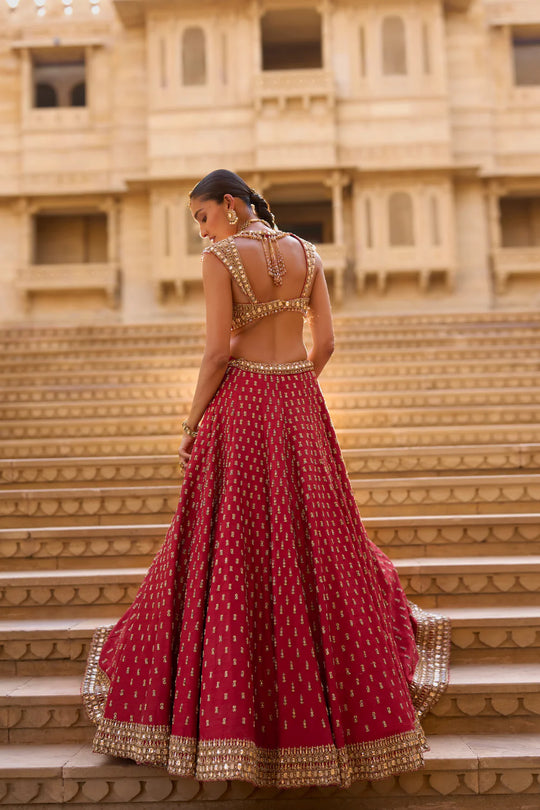 Seema Gujral - Dark Red Gold Zardosi Lehenga Set