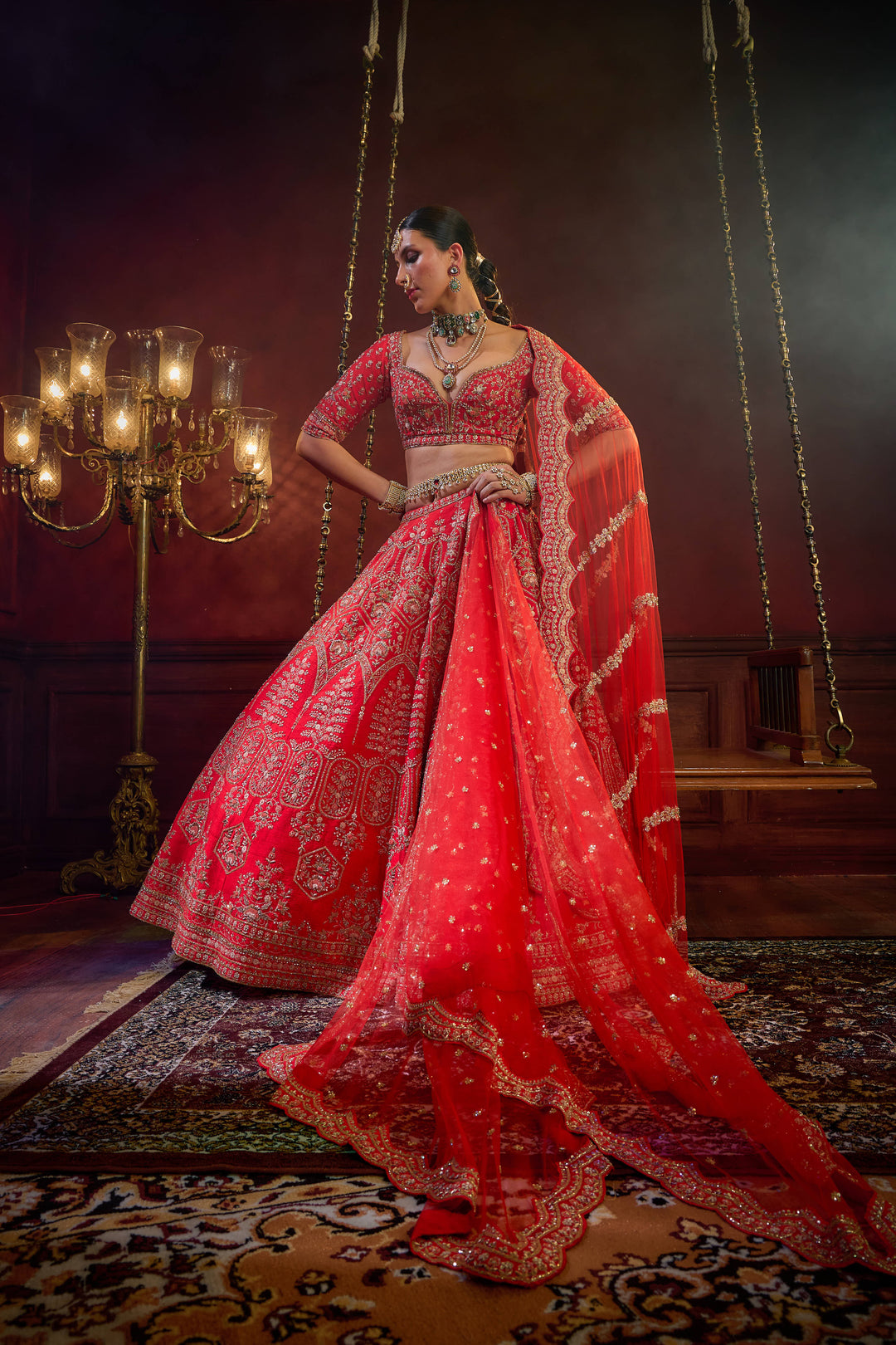 Kalighata - Wave Floral Lehenga – Red