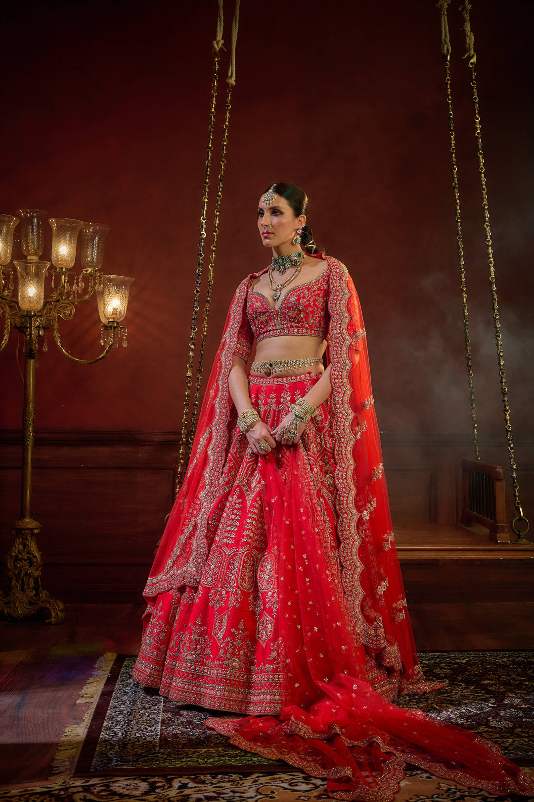 Kalighata - Wave Floral Lehenga – Red