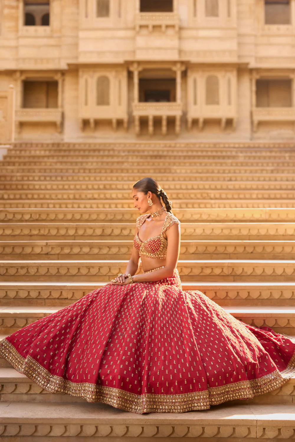 Seema Gujral - Dark Red Gold Zardosi Lehenga Set