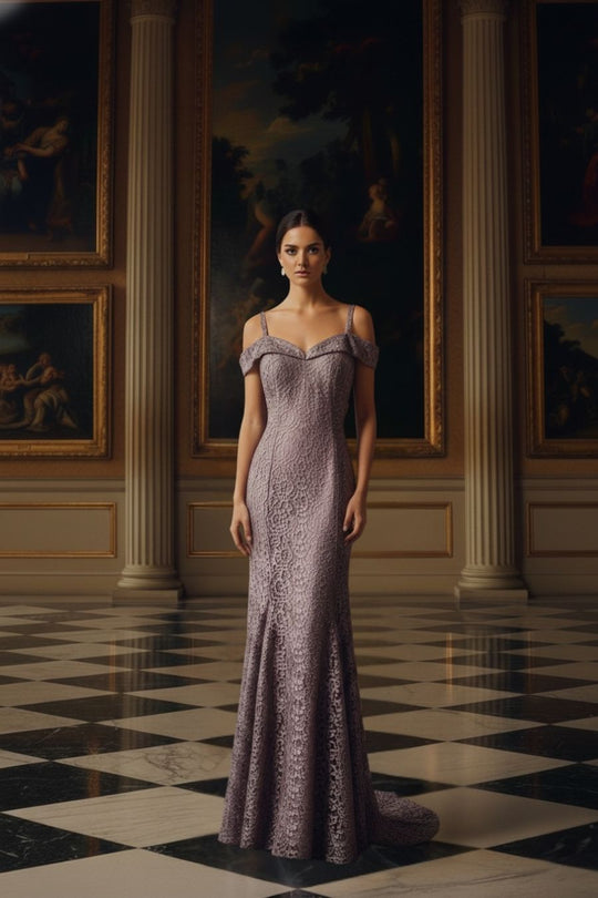 Mauve Lace Off-Shoulder Mermaid Evening Gown