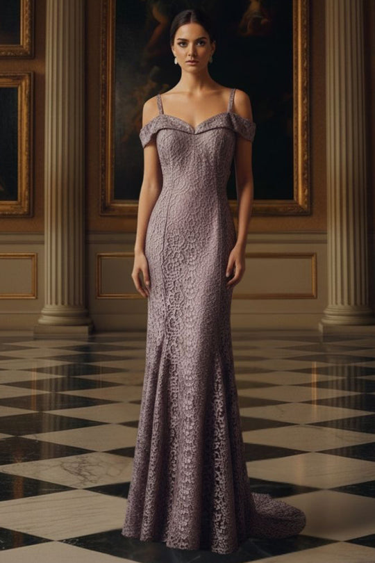 Mauve Lace Off-Shoulder Mermaid Evening Gown