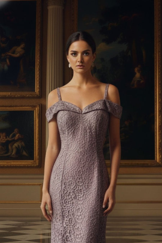 Mauve Lace Off-Shoulder Mermaid Evening Gown