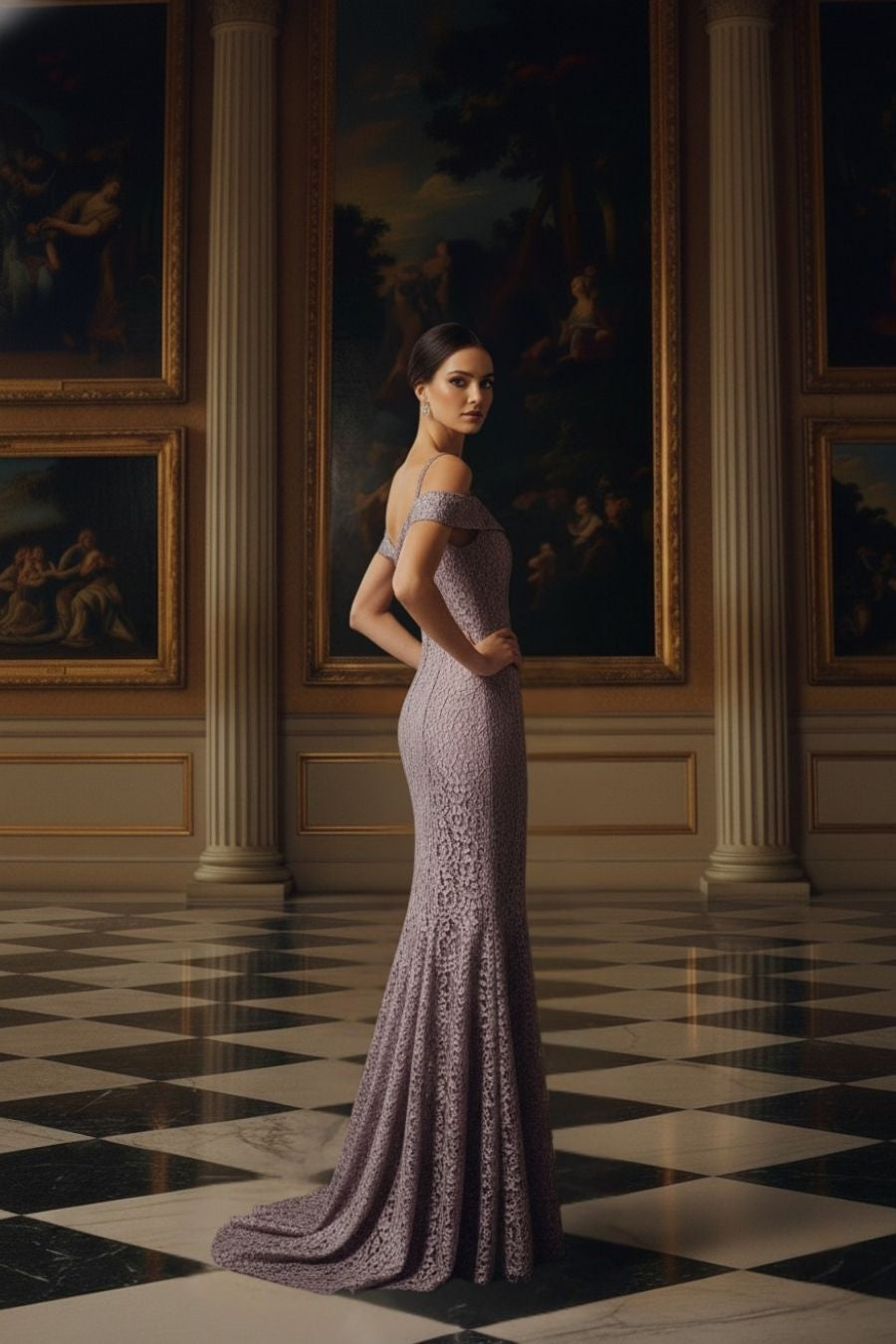 Mauve Lace Off-Shoulder Mermaid Evening Gown