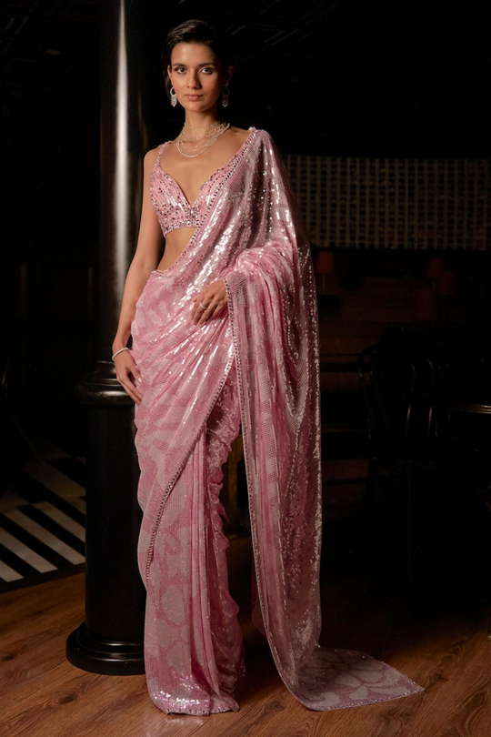 Seema Gujral - Pink Sequin Georgette Saree