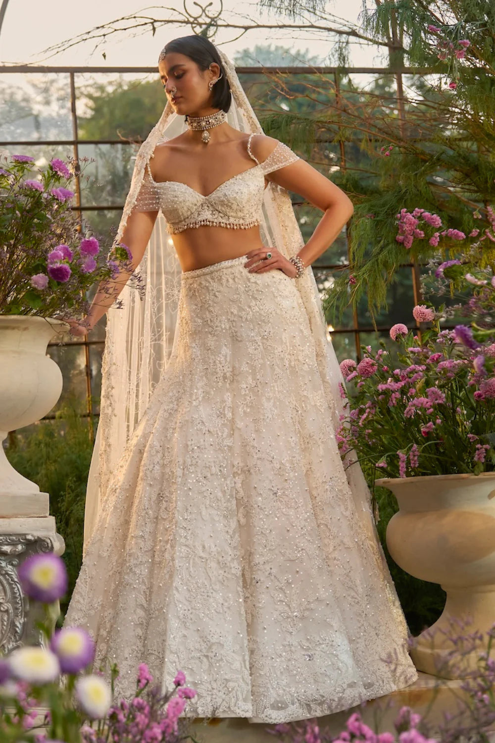Seema Gujral - Ivory Floral Lehenga Set