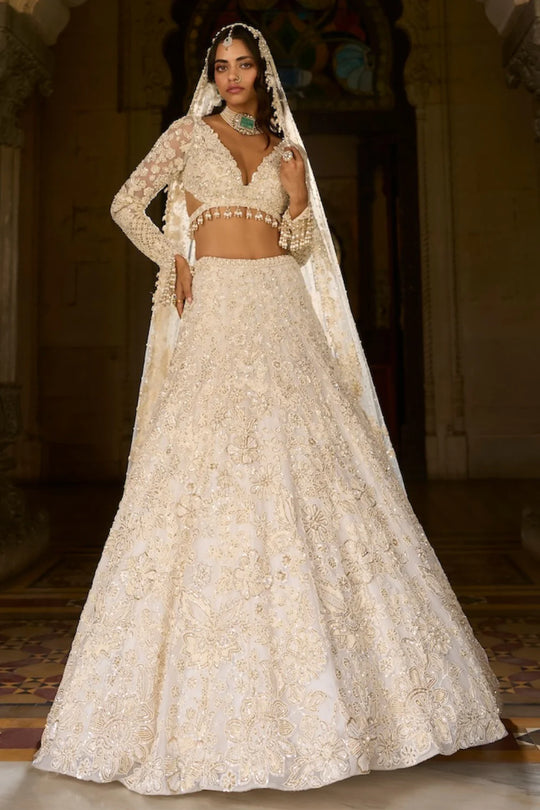 Seema Gujral - Ivory Gold Sequin Lehenga Set