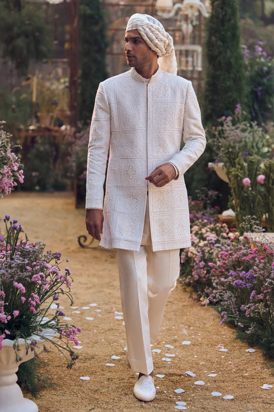 Seema Gujral - Ivory Geometric Sherwani Set
