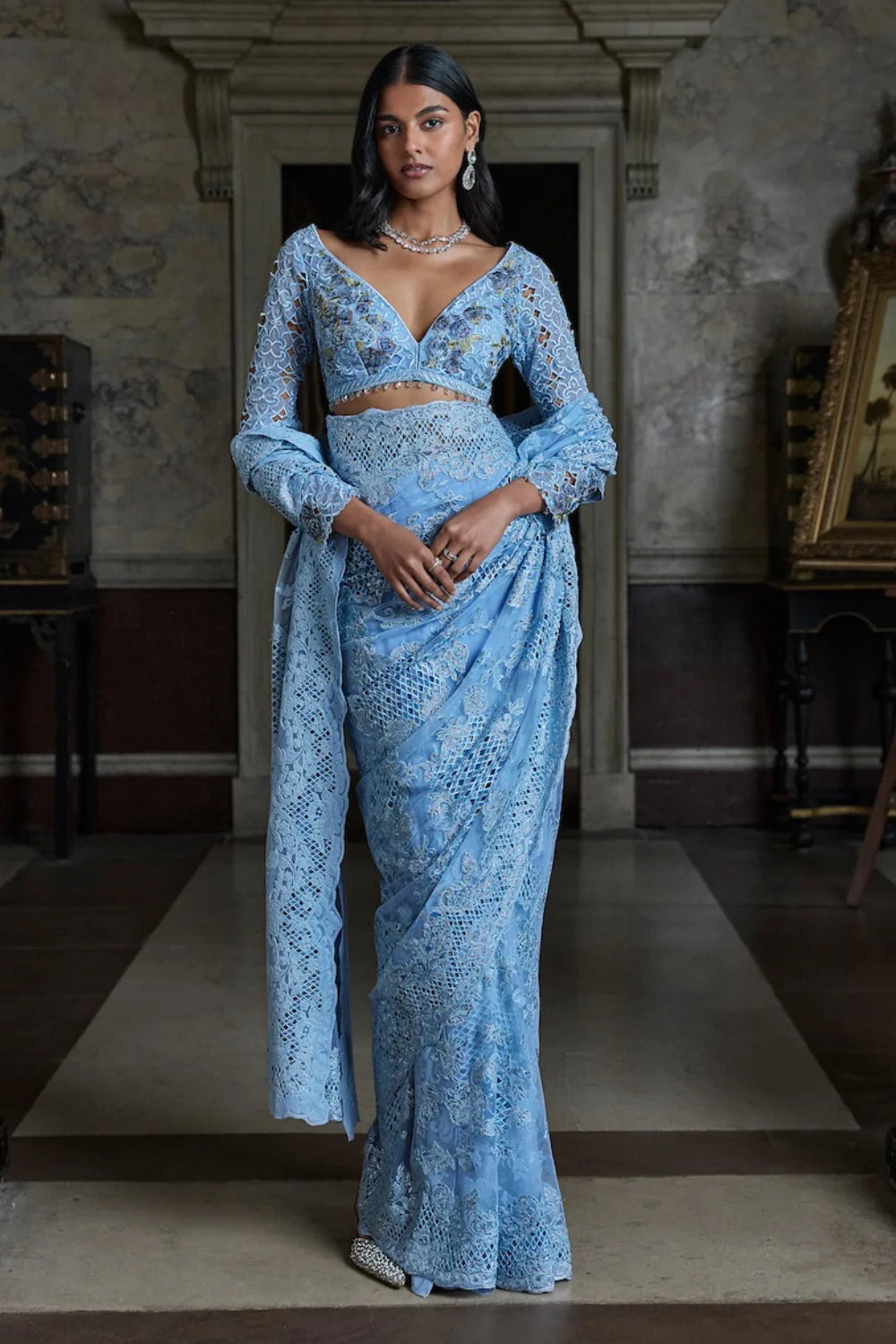 Seema Gujral - Powder Blue Thread Work Saree