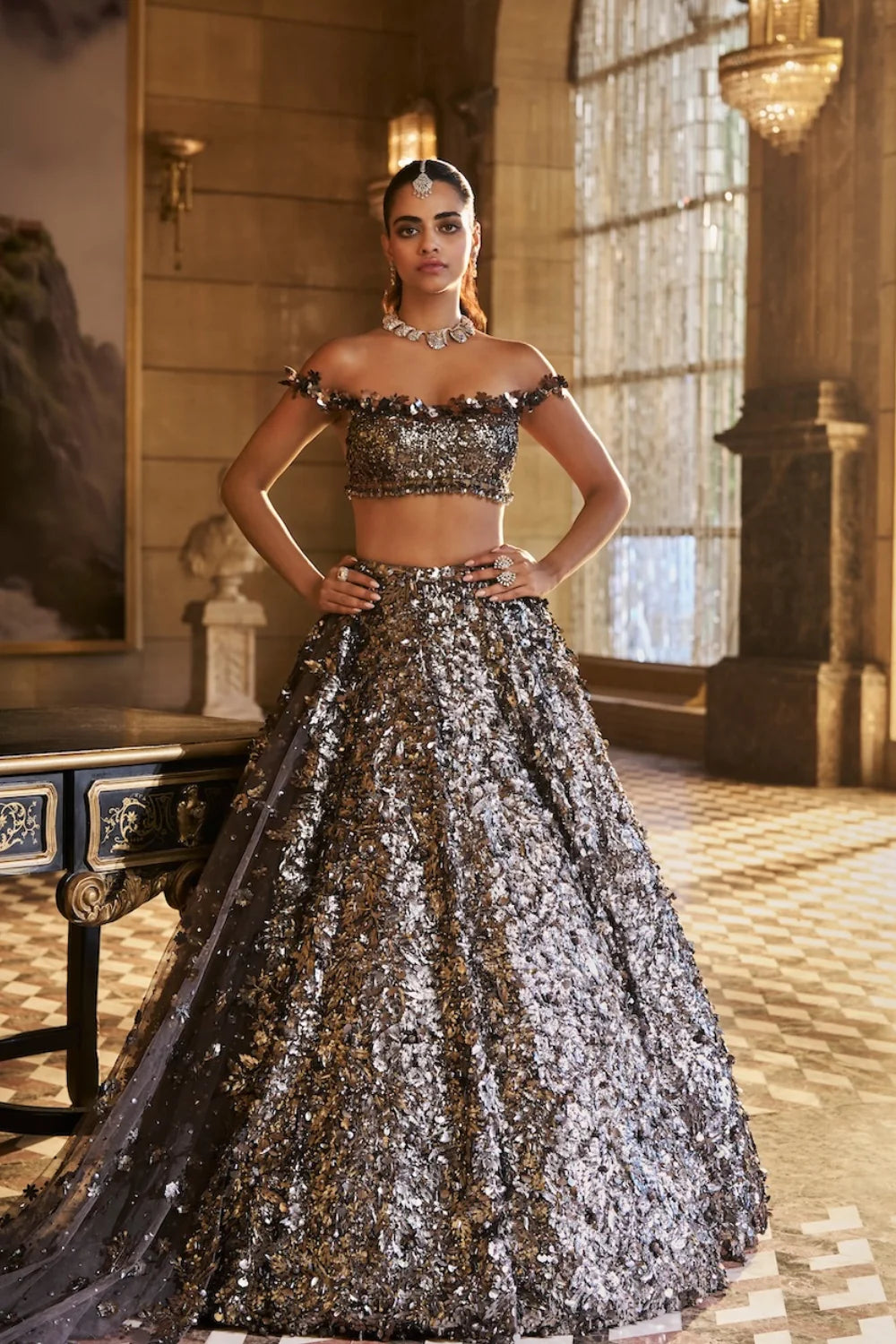 Seema Gujral - Metallic Silver 3D Lehenga Set