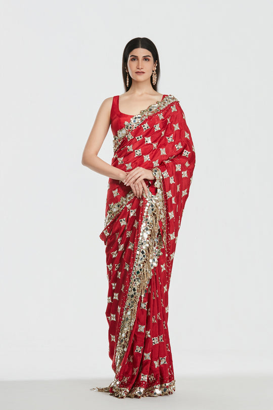 Abhinav Mishra - Shrine Merlot Saree Set