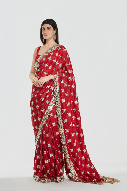 Abhinav Mishra - Shrine Merlot Saree Set