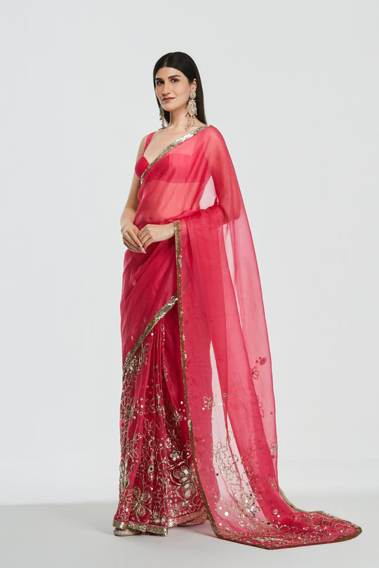 Abhinav Mishra - Shrine Fuchsia Pink Saree Set