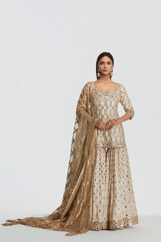 Abhinav Mishra - Ivory Gold Sharara Set