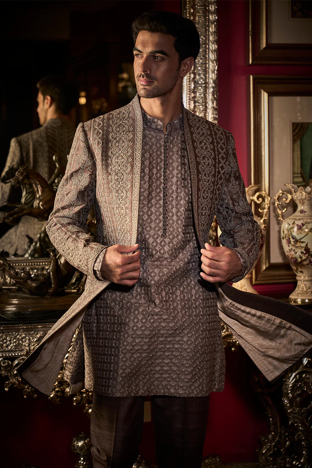 Seema Gujral - Ash Grey Open Jacket Set