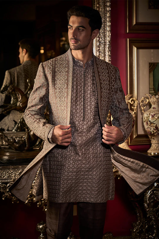 Seema Gujral - Ash Grey Open Jacket Set