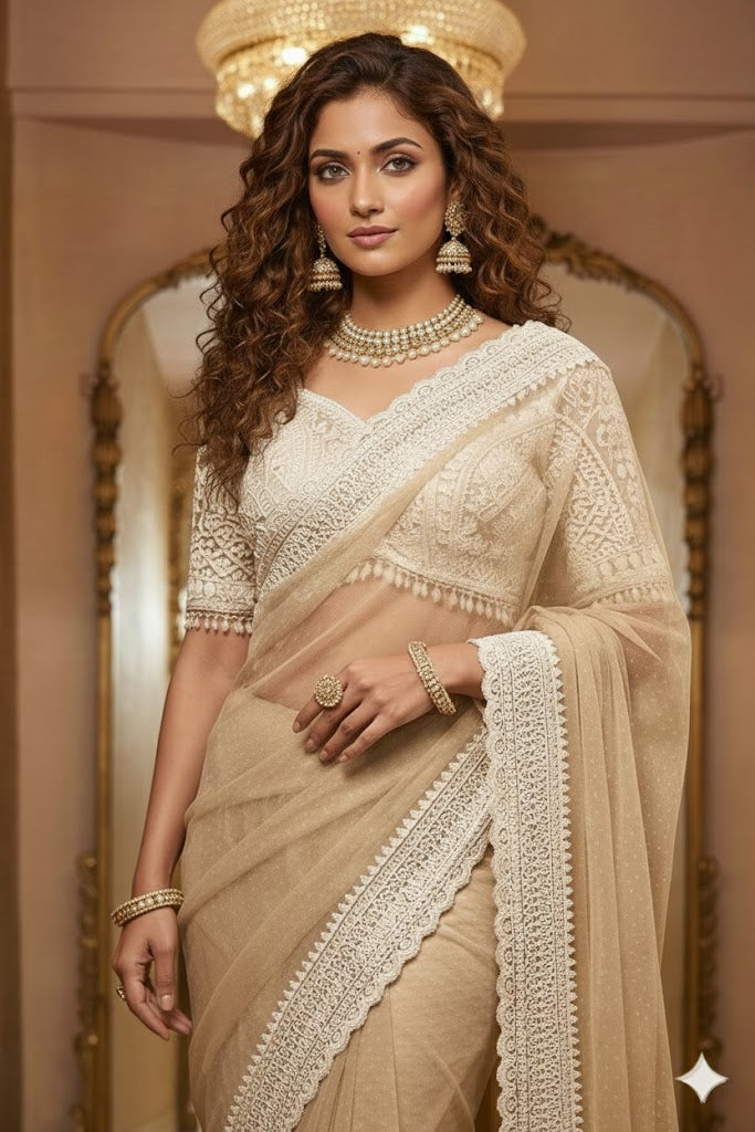 Beige Net Saree with White Floral Embroidery