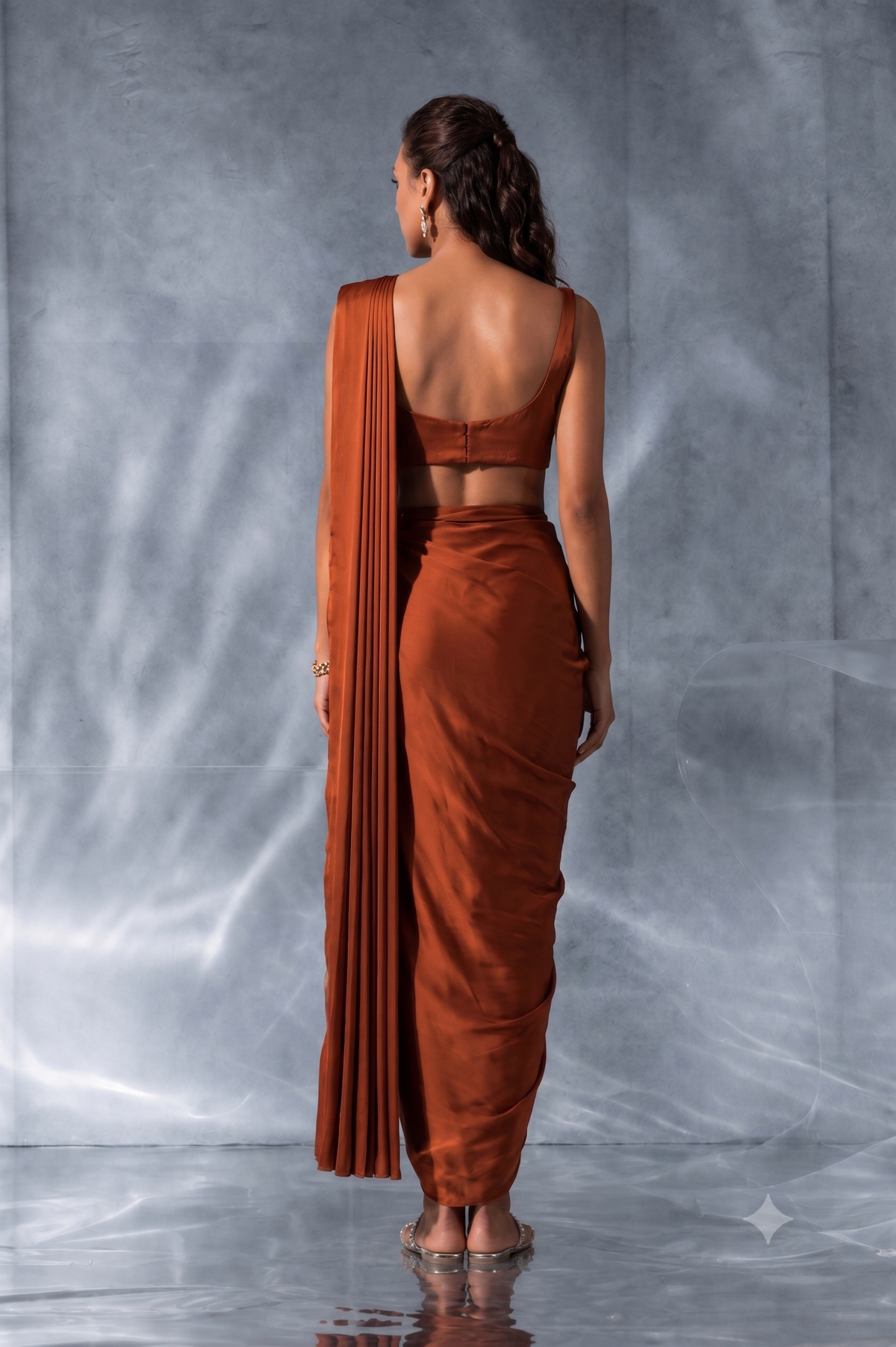 Kalighata Pret -  Rust Indo-Western Saree