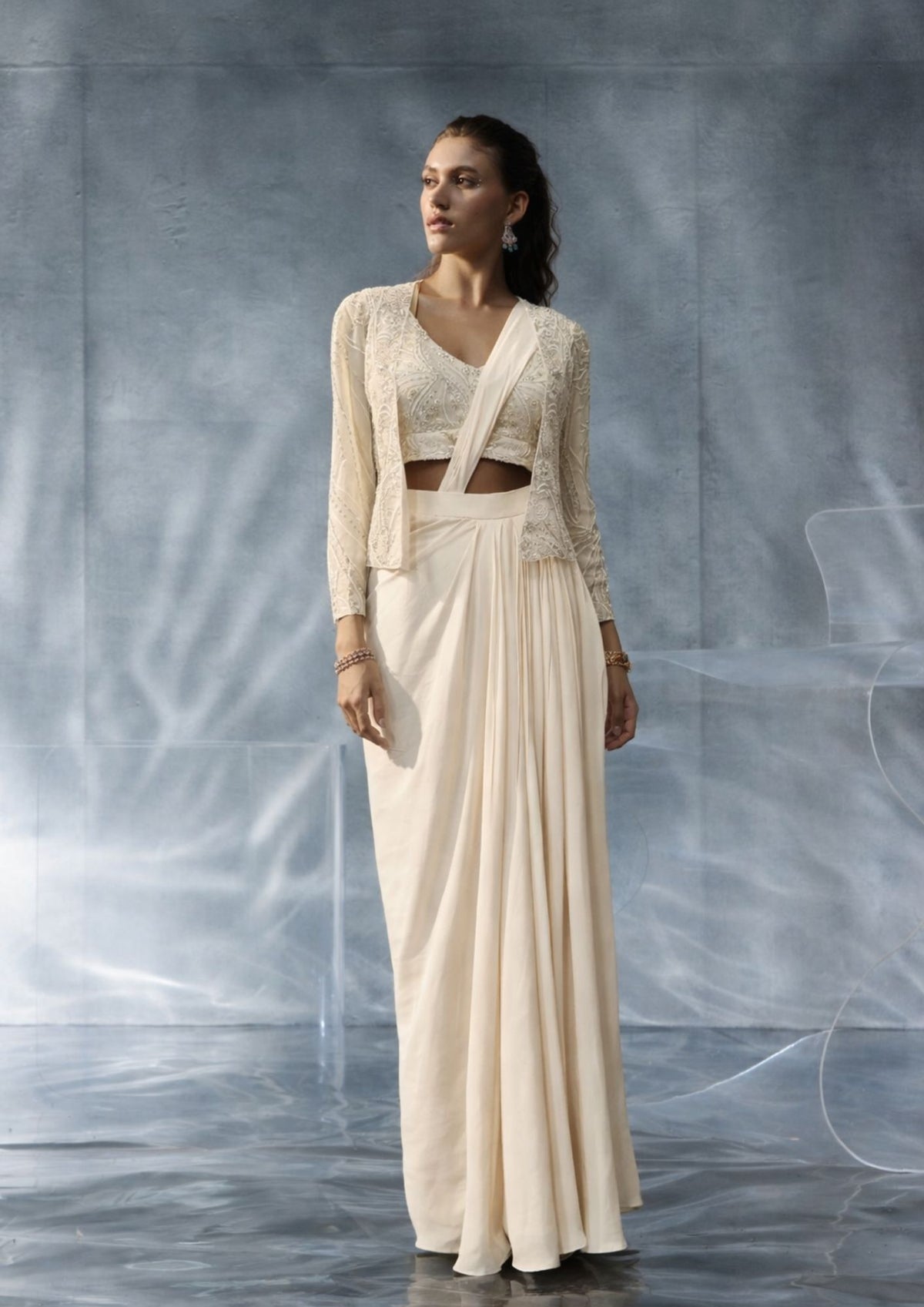 Kalighata Pret -  Ivory Indo-Western Saree