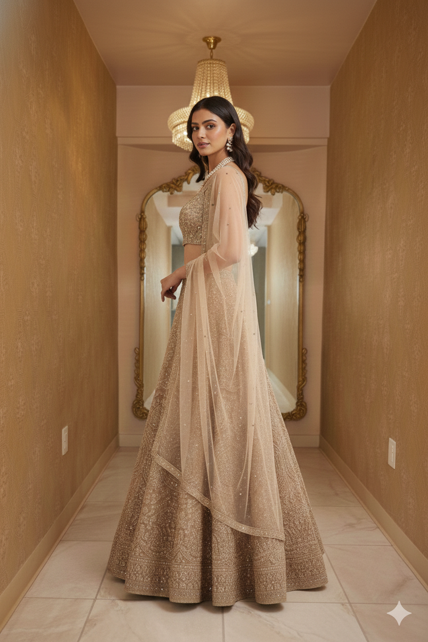 Champagne Gold Hand-Embroidered Bridal Lehenga Set