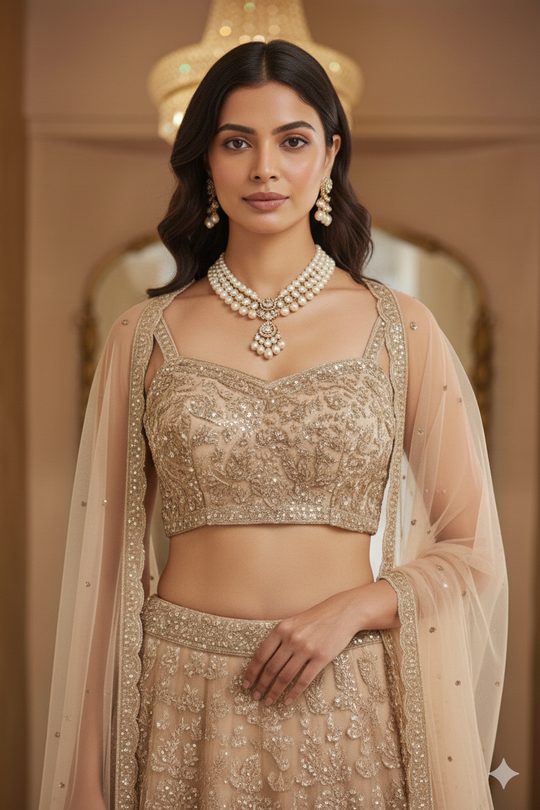 Champagne Gold Hand-Embroidered Bridal Lehenga Set