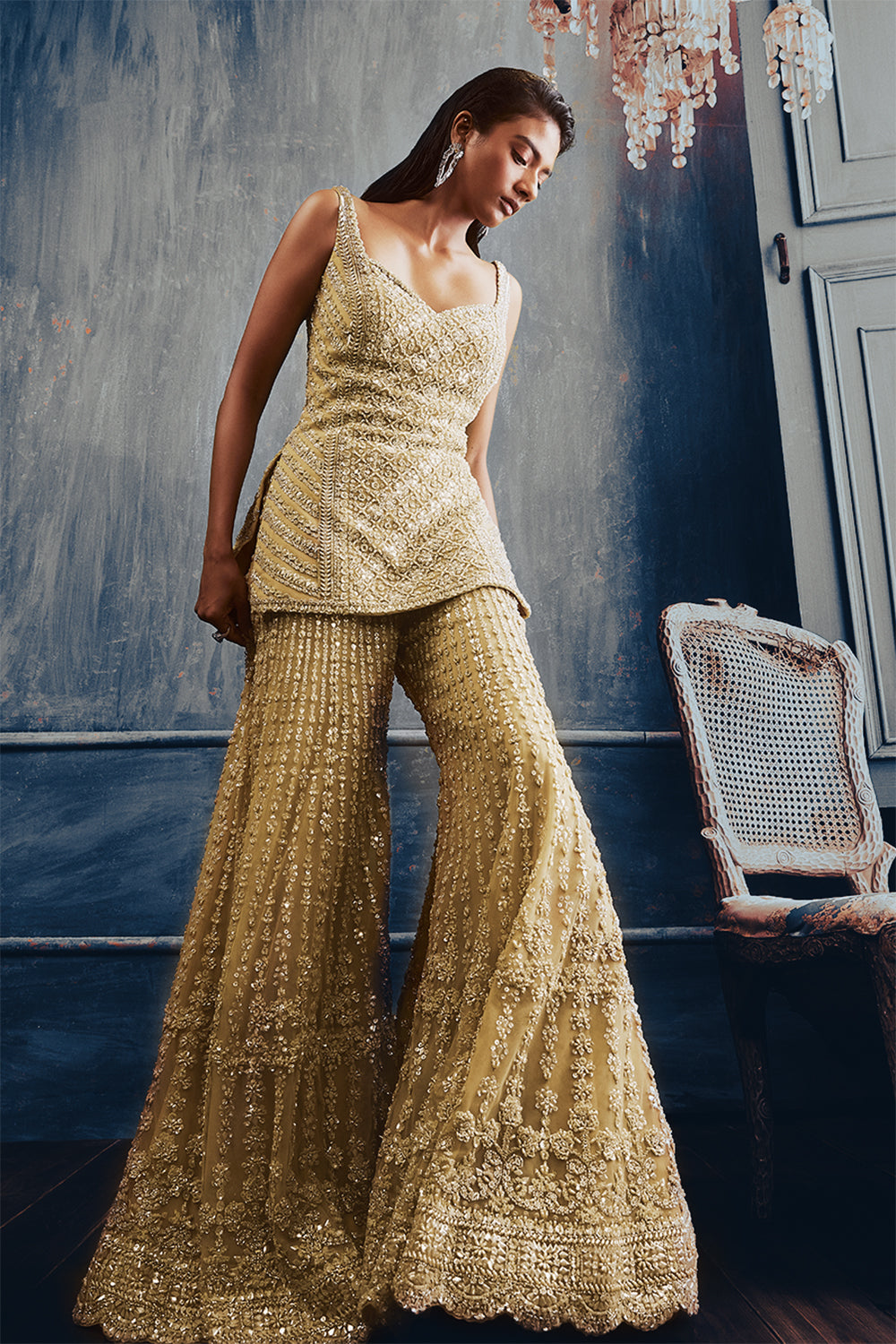 Seema Gujral - Olive Green Garara Set