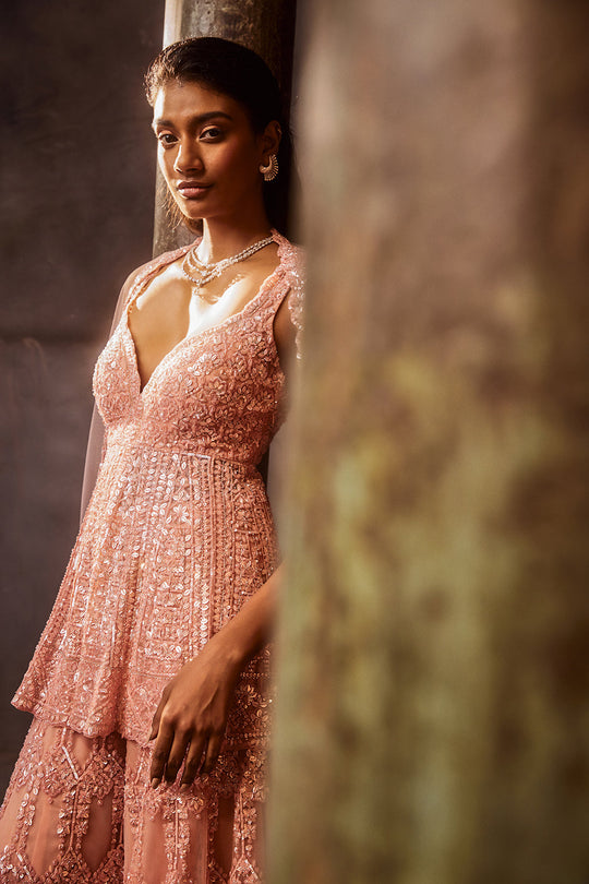 Seema Gujral - Rose Pink Sequin Sharara Set